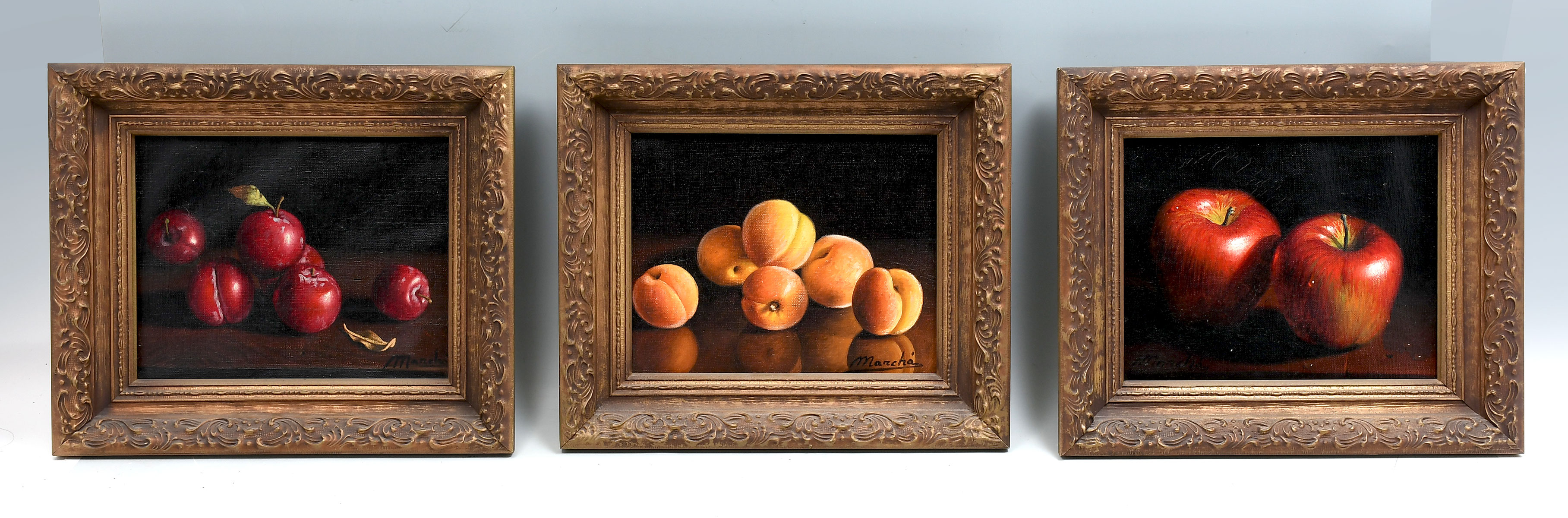 Appraisal: THREE STILL LIFE PAINTINGS WITH FRUIT BY MARCHA Still Life