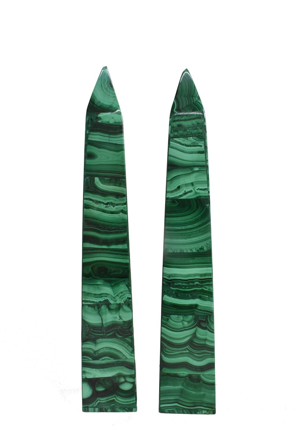 Appraisal: PAIR OF MALACHITE OBILISKS height in width square in