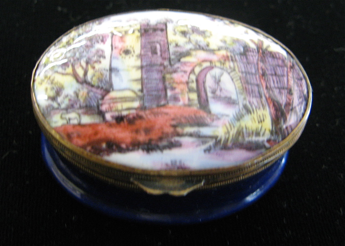 Appraisal: BILSTON ENGLISH OVAL ENAMELED BOX late th C the hinged