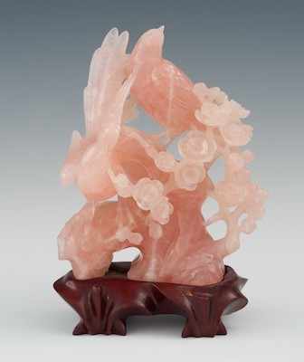 Appraisal: A Chinese Finely Carved Rose Quartz Birds and Blooming Tree