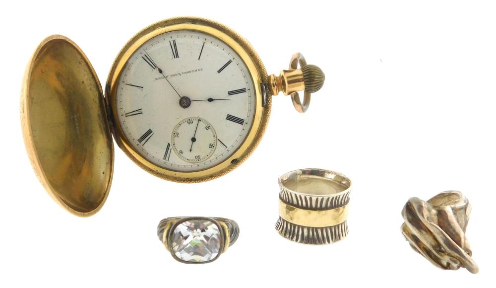 Appraisal: JEWELRY Three sterling rings and a gold filled Hunting Case