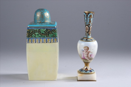 Appraisal: CHAMPLEV MOUNTED PORCELAIN VASE AND ROYAL DOULTON LUSTRE JAR AND