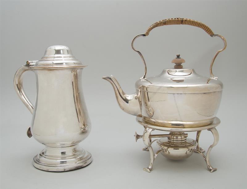 Appraisal: ENGLISH SILVER-PLATED KETTLE ON WARMING STAND AND A BALUSTER-FORM TANKARD