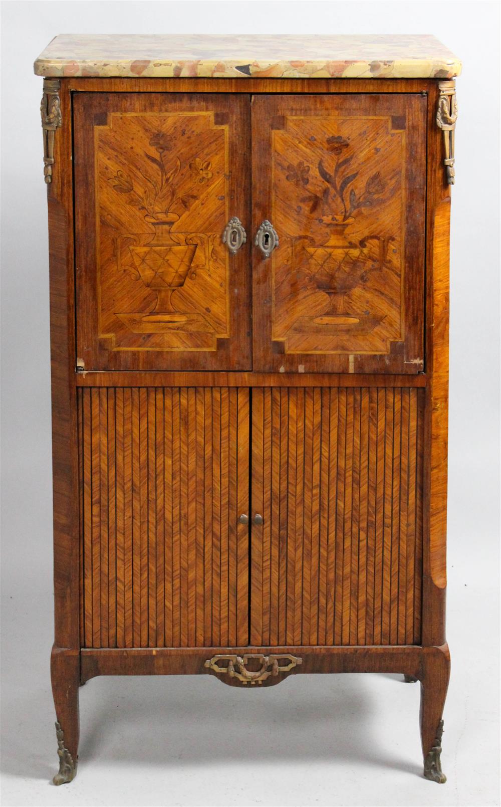 Appraisal: LOUIS XV XVI MARQUETRY TULIPWOOD MEUBLE D'APPUI th Century the