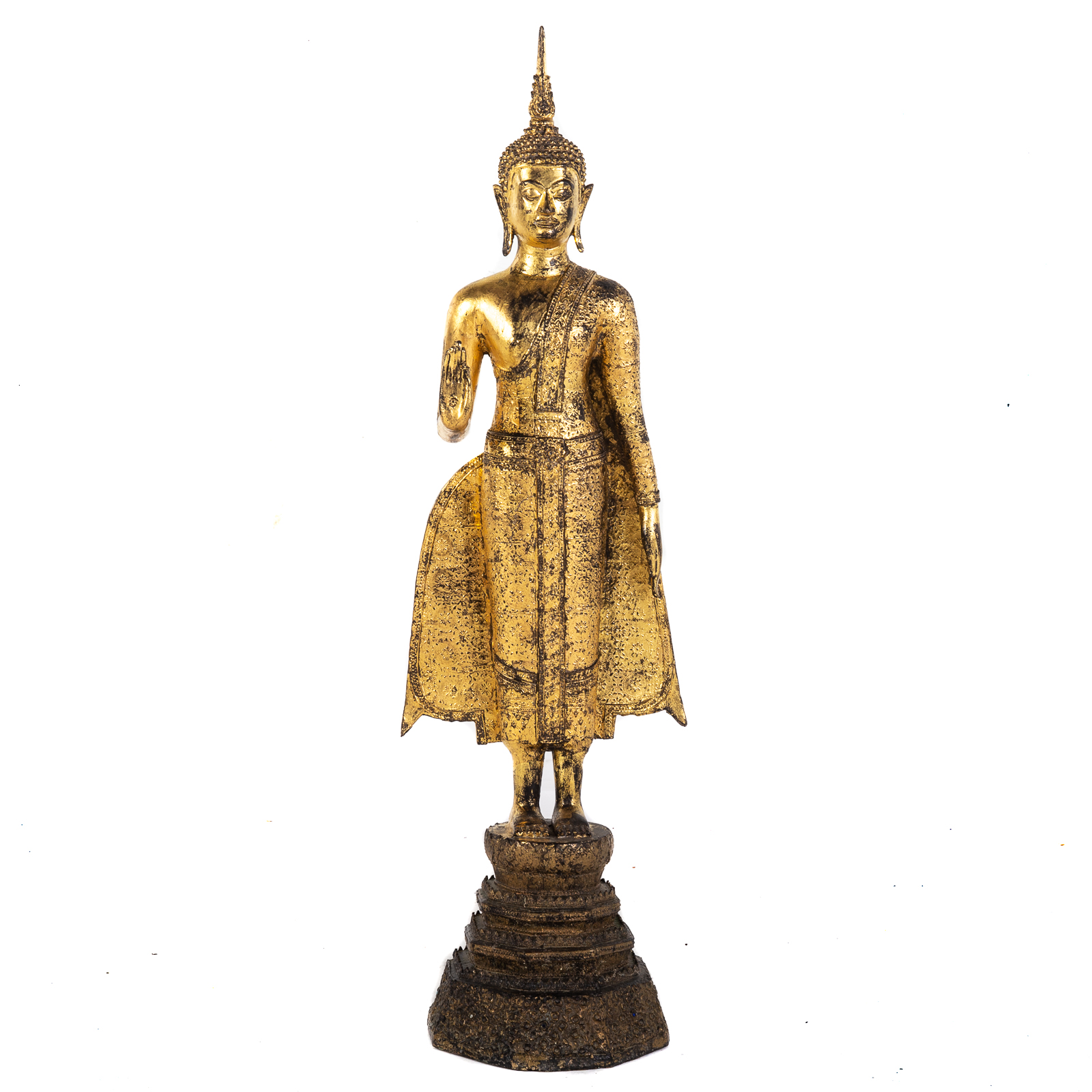 Appraisal: LARGE THAI STANDING GILT BRONZE BUDDHA Figure standing on base