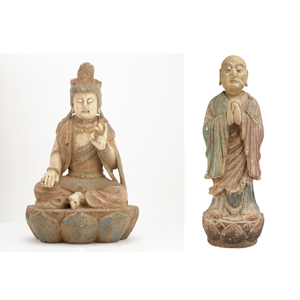 Appraisal: Two Chinese Painted Wood Standing Immortals Each carved with the