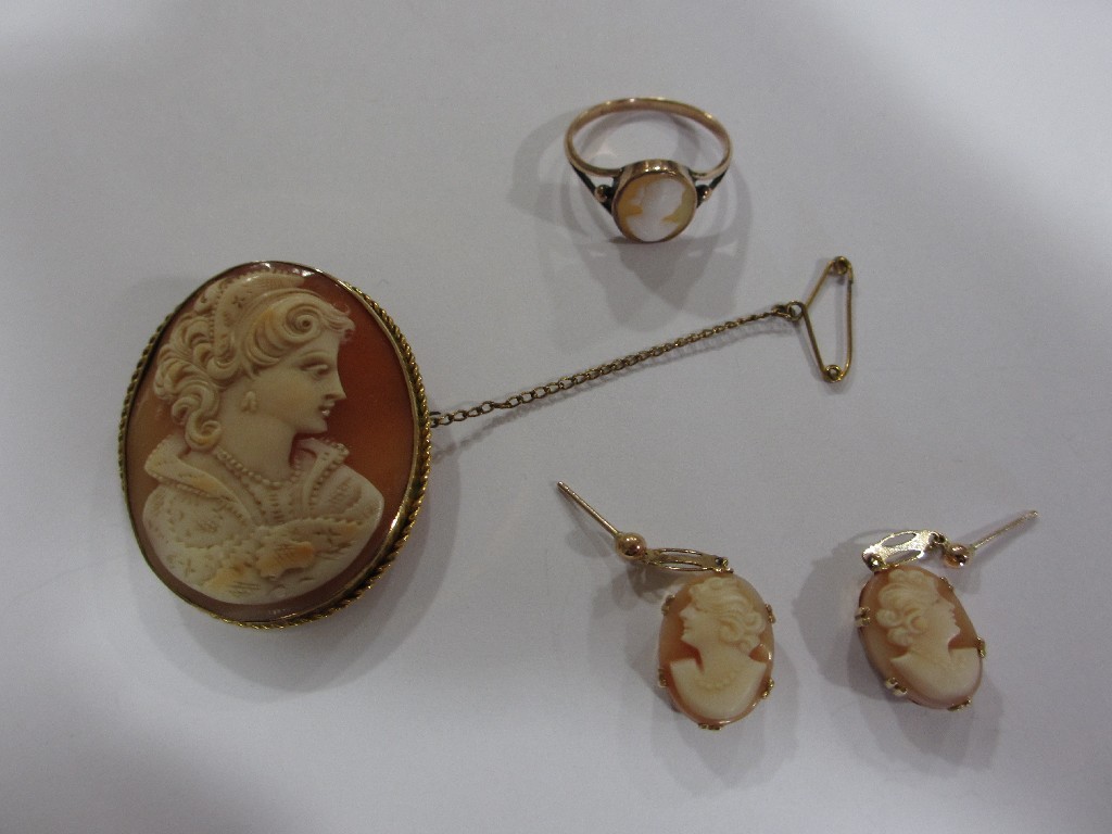 Appraisal: A collection of gold mounted cameo jewellery to include brooch