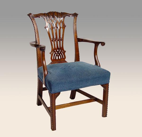 Appraisal: PERIOD CHIPPENDALE RIBBON BACK ARM CHAIR Five vertical ribbon slats