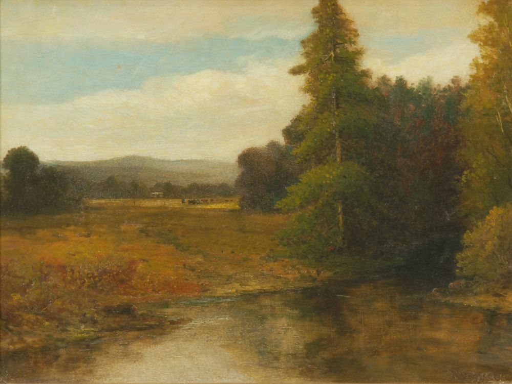 Appraisal: AARON DRAPER SHATTUCKAmerican - Pastoral landscape with pond and cows