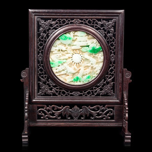 Appraisal: A Chinese Jadiete Inset Reticulated Hardwood Table Screen the jadeite