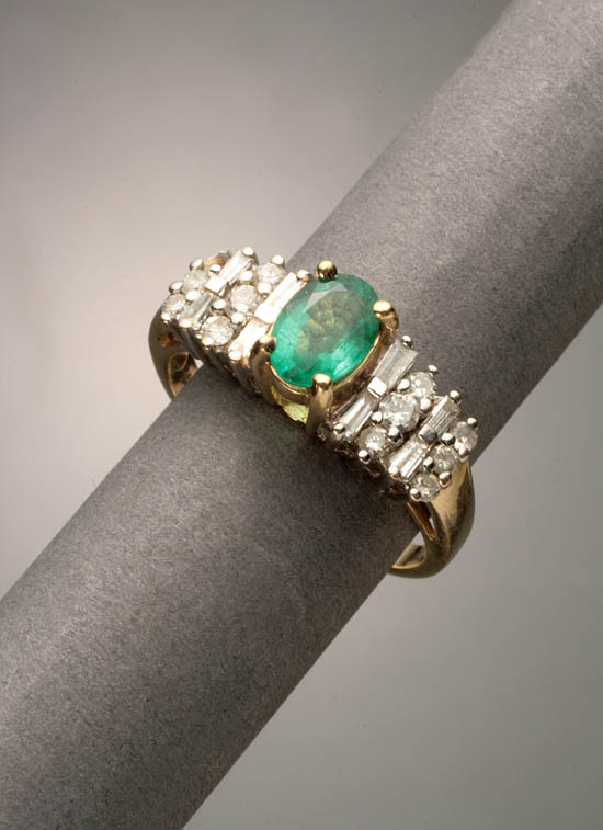 Appraisal: -Karat Yellow-Gold Emerald and Diamond Dinner Ring The four-prong mount