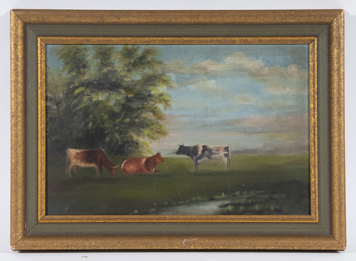 Appraisal: TH C NAIVE PASTORAL PAINTING Three Cows in a Field