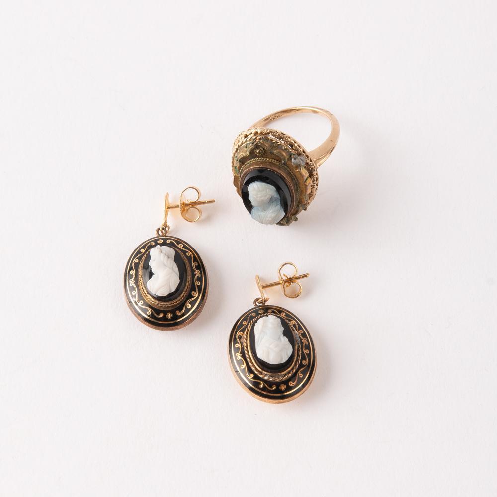 Appraisal: GOLD CAMEO EARRINGS RING A pair of K yellow gold