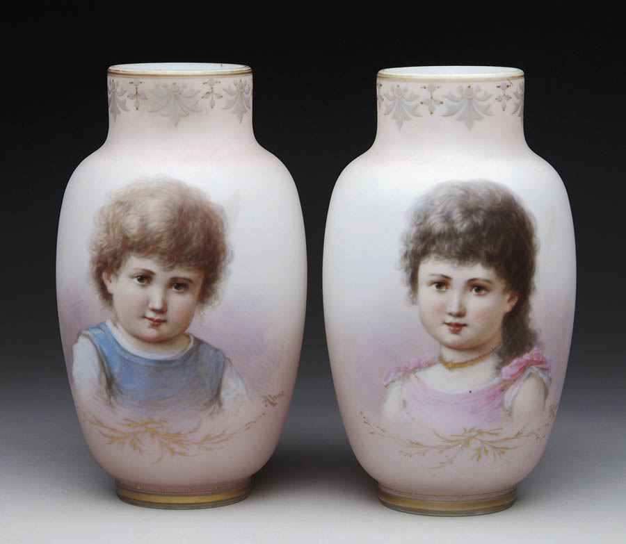 Appraisal: PAIR OF BRISTOL PORTRAIT VASES Outstanding pair of vases has