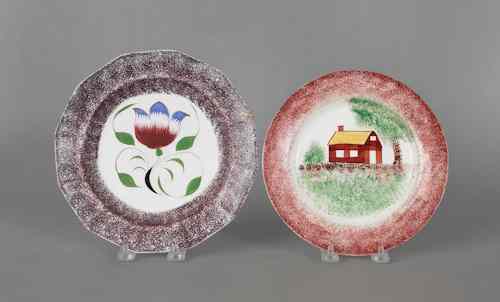 Appraisal: Red spatter plate with schoolhouse th c dia together with