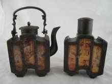 Appraisal: A rectangular decorative teapot and caddy both with inset Chinese