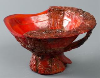 Appraisal: Chinese Horn Carved Libation Cup Red dyed with applied handle