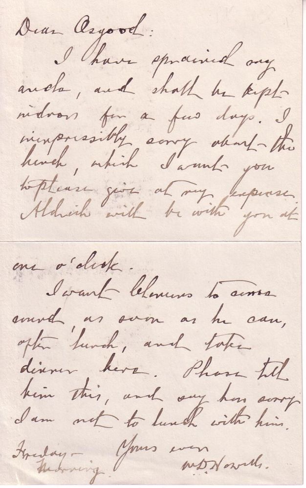 Appraisal: HOWELLS WILLIAM DEAN Autograph Letter Signed W D Howells to