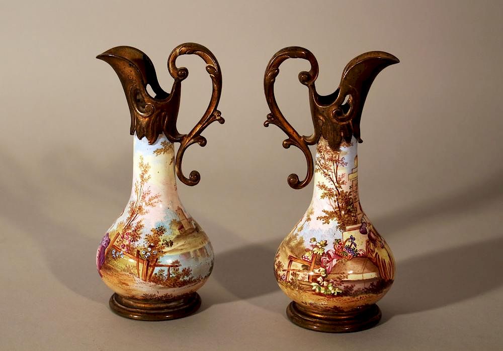 Appraisal: Pair of Vienna enamel jugs A pair of Vienna enamel