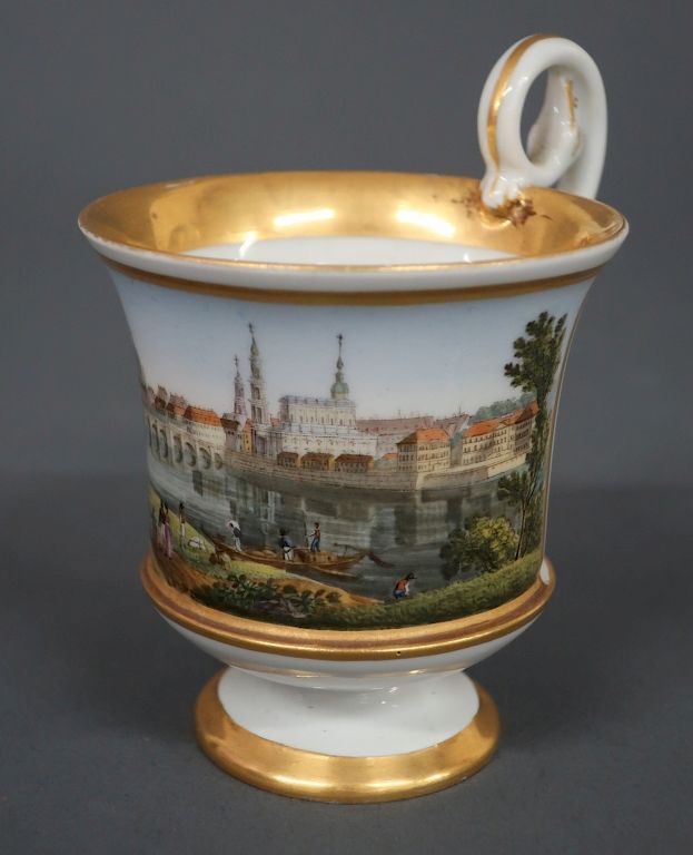 Appraisal: Dresden Porcelain Cup With Hand Painted Scene Meissen porcelain cup