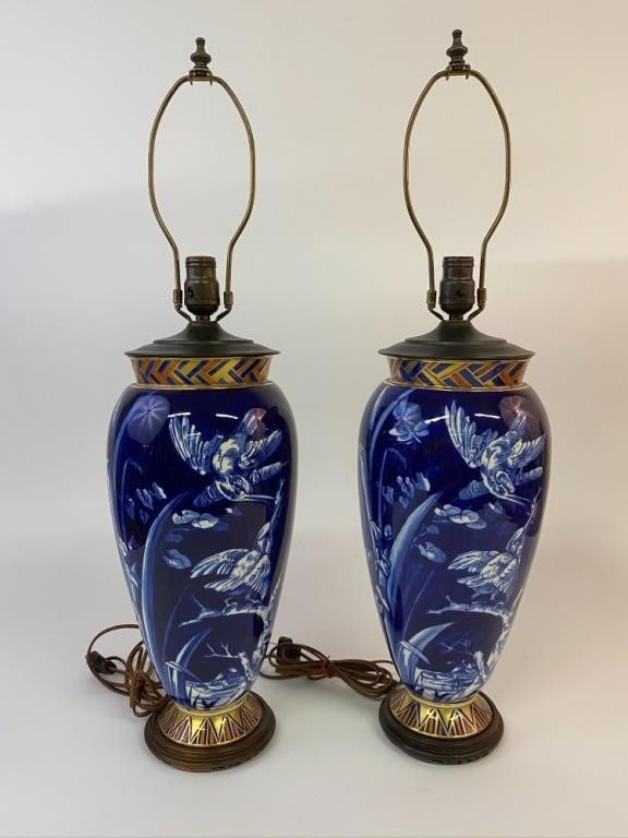 Appraisal: Pair of blue porcelain table lamps decorated with birds h