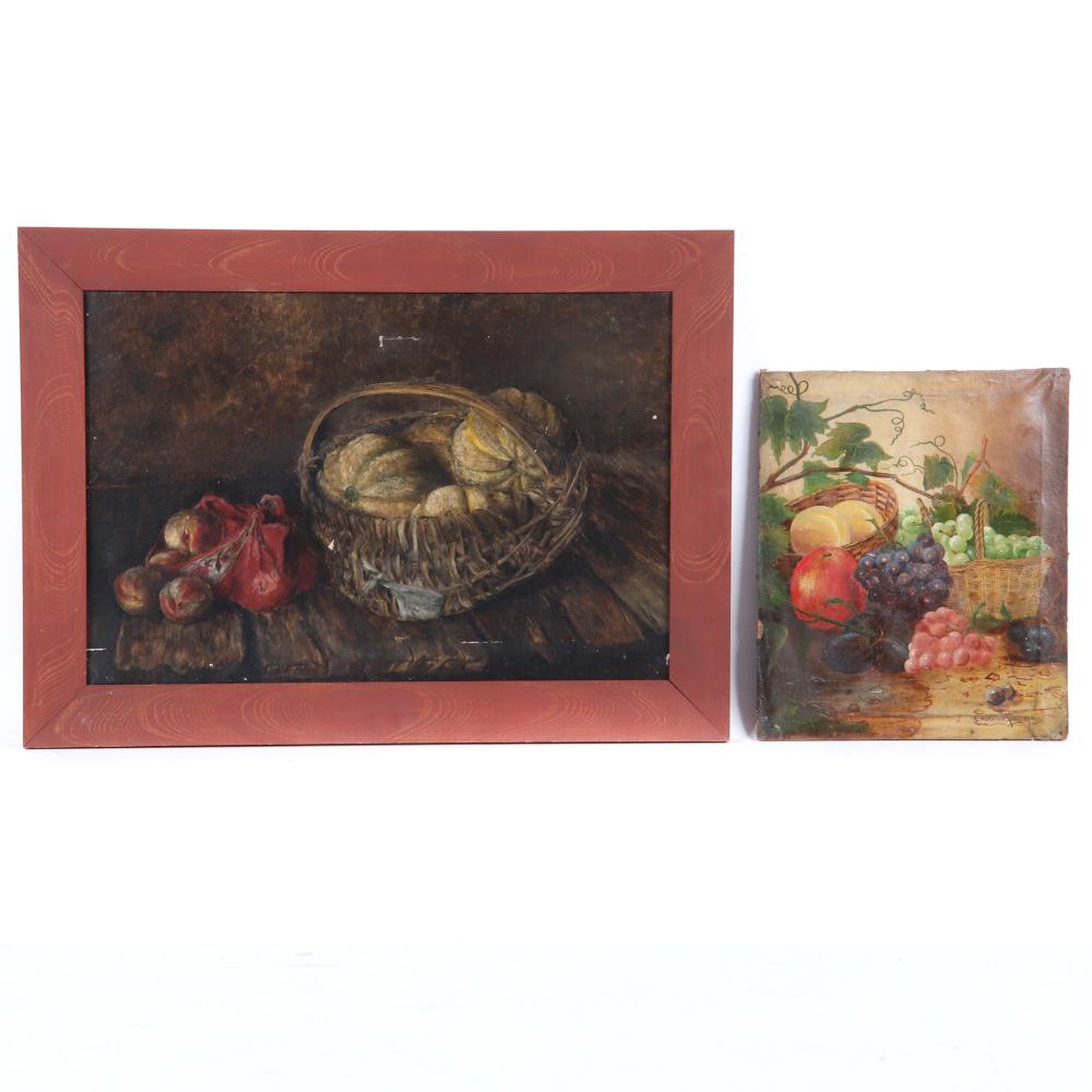 Appraisal: TWO VINTAGE DECORATIVE FRUIT STILL LIFE OIL PAINTINGS PEACHES AND