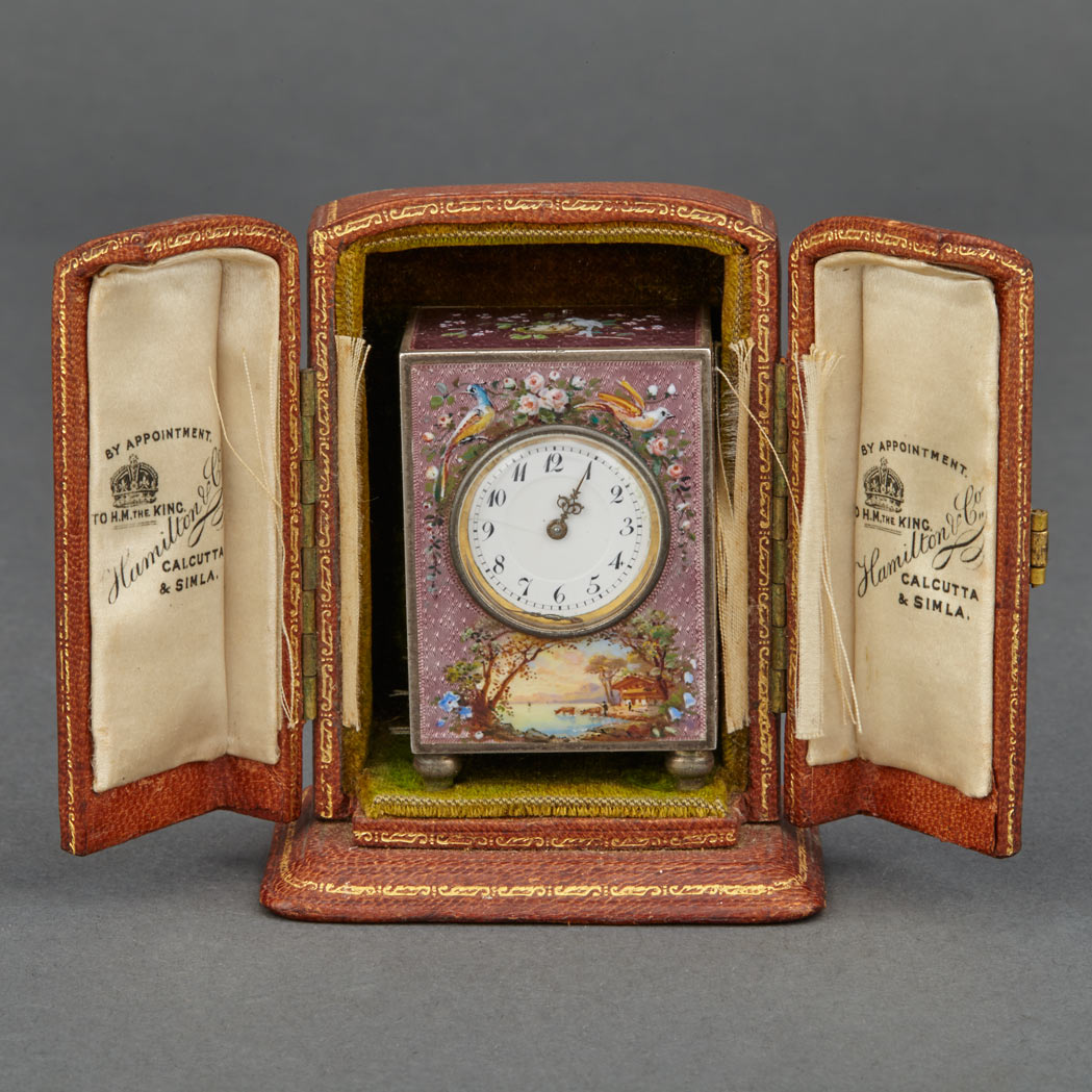 Appraisal: Swiss Gilt and Guilloche Enameled Silver Miniature Travel Clock Attributed