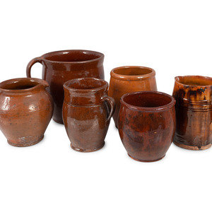 Appraisal: Six Redware Vessels American th Century including four pitchers and