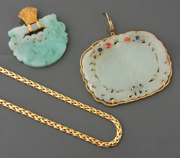 Appraisal: A k gold chain with two jadeite and gold large