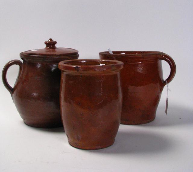 Appraisal: Group of three large Redware pots including '' handled cuspidor