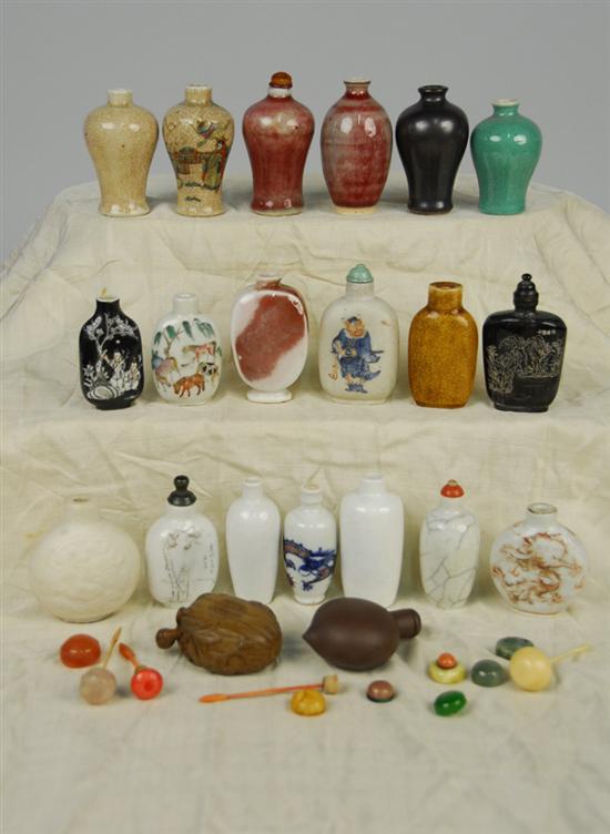 Appraisal: COLLECTION OF TWENTY-ONE SNUFF BOTTLES including porcelain wood and hardstone