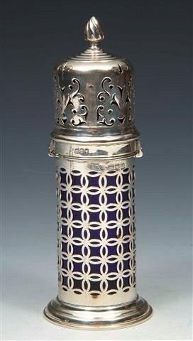 Appraisal: A LATE VICTORIAN SILVER SIFTER with pierced body blue glass