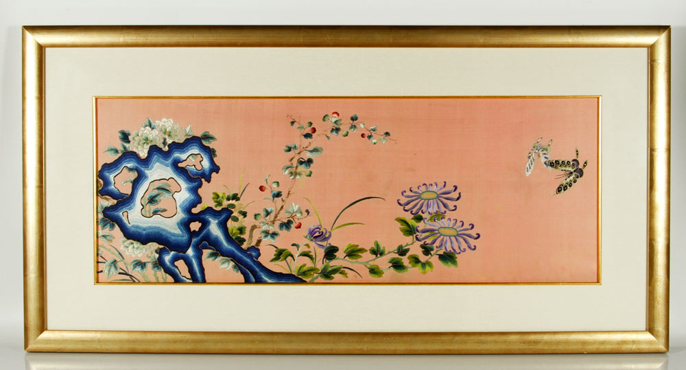 Appraisal: - Chinese Embroidery on Pink Silk Embroidery on pink silk