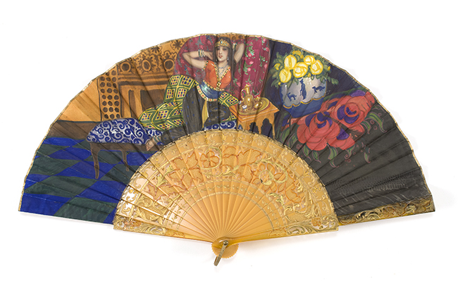 Appraisal: PAINTED SILK AND SYNTHETIC SHELL FOLDING FAN Spanish The leaf