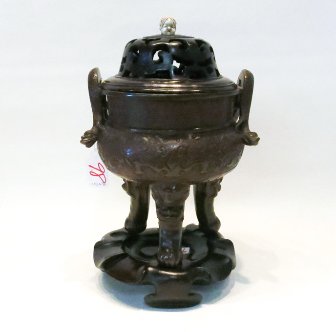 Appraisal: CHINESE BRONZE LIDDED CENSOR on hardwood plinth tri-footed with serpentine