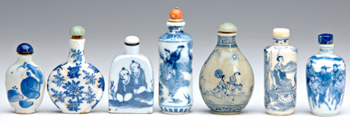 Appraisal: CHINESE SNUFF BOTTLES Seven blue and white porcelain bottles Repair