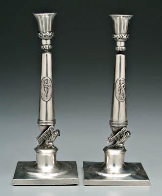 Appraisal: Pair Continental silver candlesticks Empire style with square bases eagles