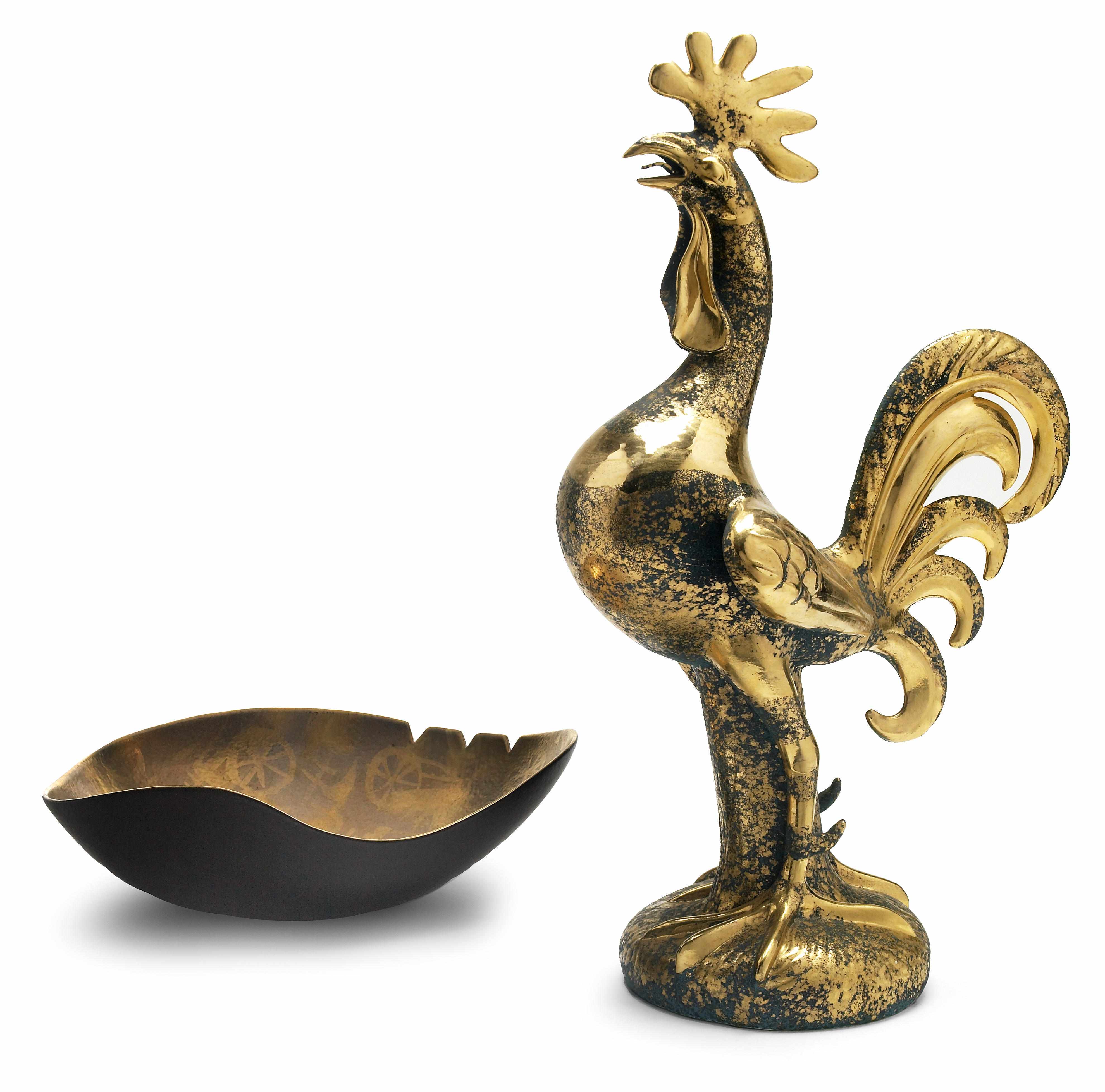 Appraisal: A Sascha Brastoff gilt decorated earthenware rooster and free form