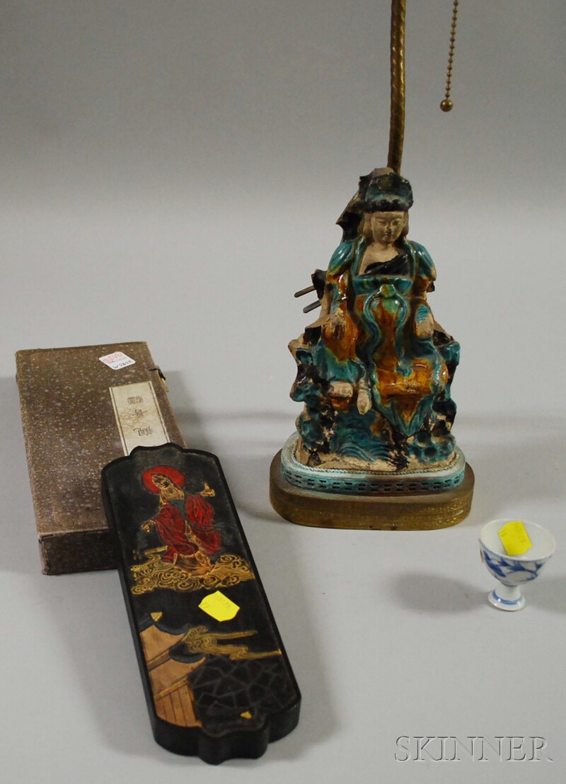 Appraisal: Chinese Glazed Ceramic Deity Figure Table Lamp a Lacquered and