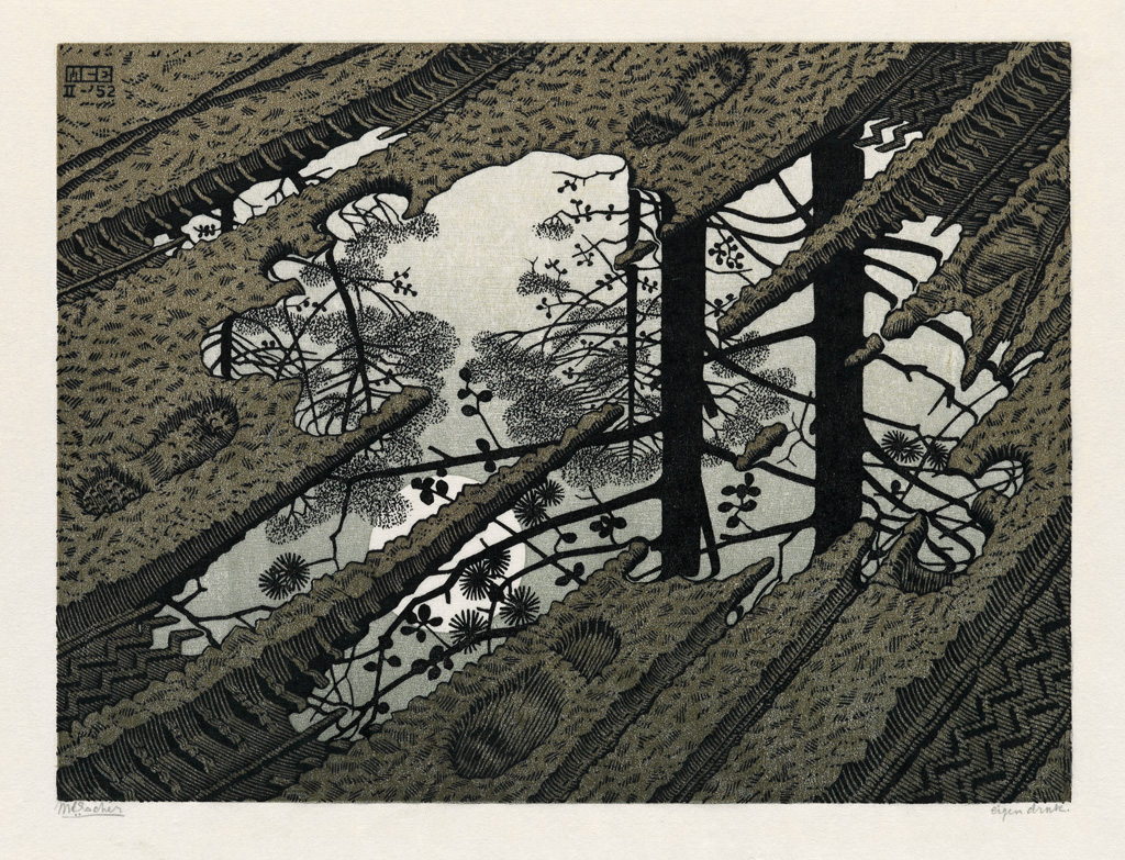 Appraisal: MAURITS C ESCHER Puddle Color woodcut printed in green brown