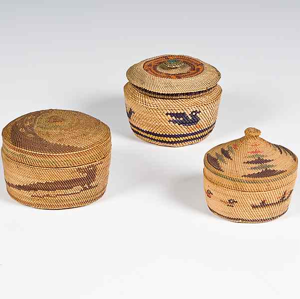 Appraisal: Nootka and Makah Lidded Baskets lot of includes one decorated