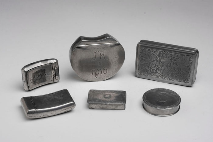 Appraisal: SIX ENGLISH PEWTER SNUFF BOXES EARLY NINETEENTH CENTURY Comprising a