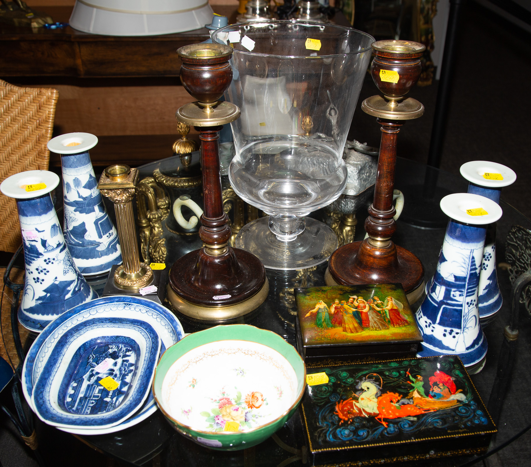 Appraisal: ASSORTED DECORATIVE ITEMS Includes modern Canton style candlesticks and serving