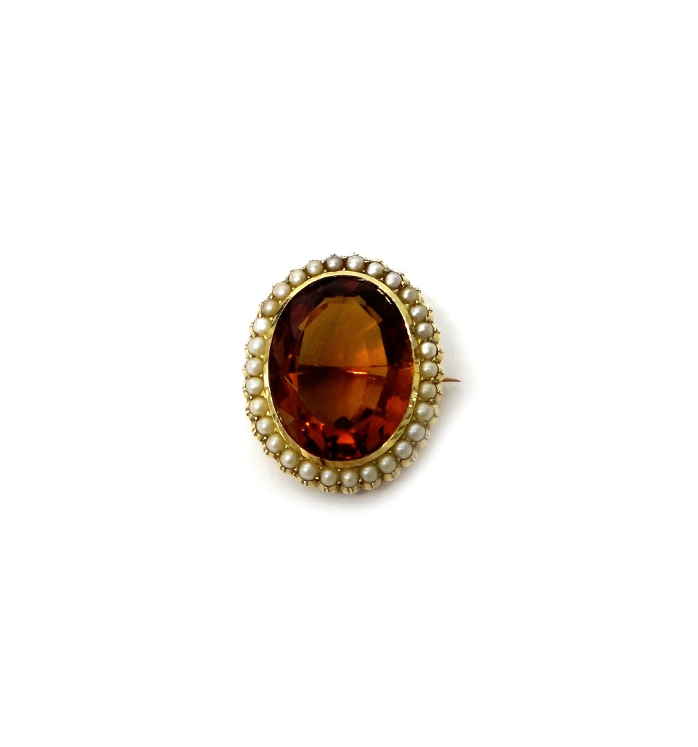 Appraisal: A gold citrine and seed pearl set oval brooch mounted