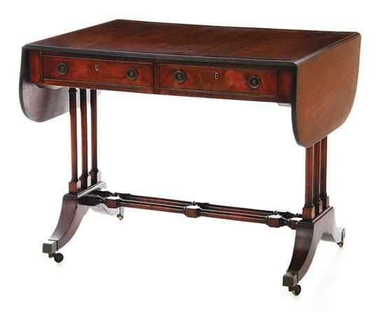 Appraisal: Regency style inlaid mahogany sofa table mid th century rectangular