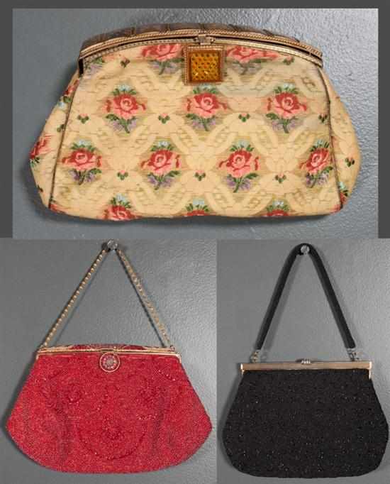 Appraisal: Two French beaded handbags together with one Chinese brocade clutch