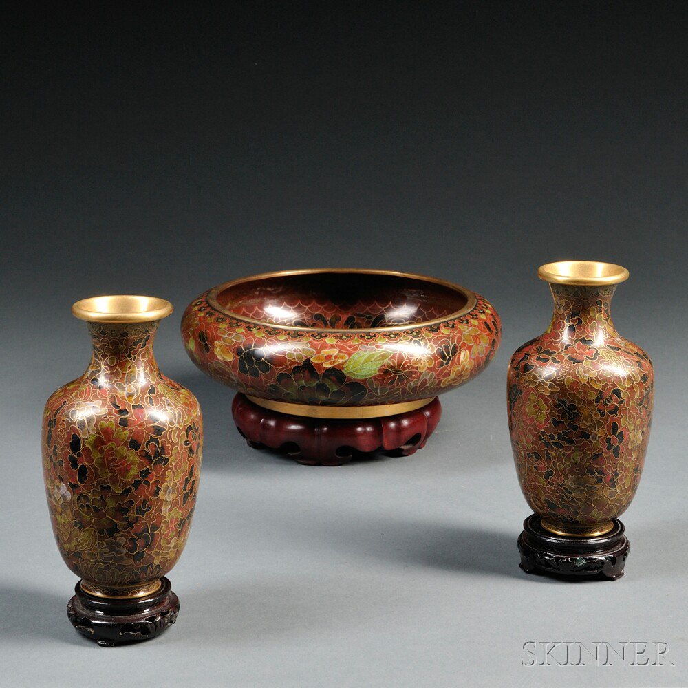 Appraisal: Three Cloisonne Items China th century a pair of vases