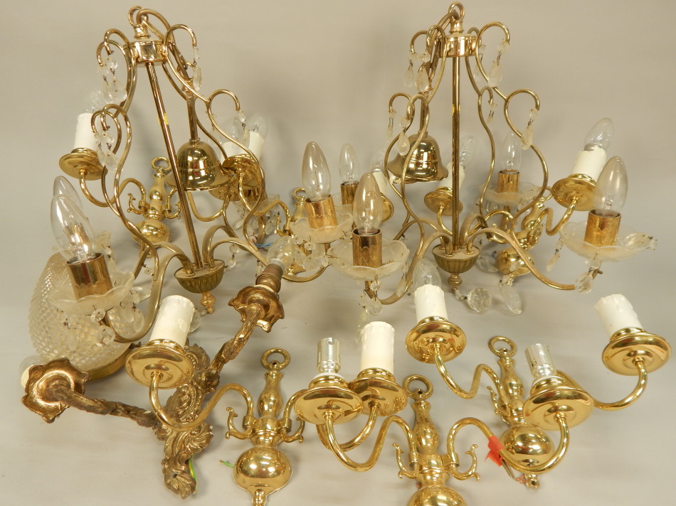 Appraisal: Various thC gilt brass light fittings with suspended drops etc