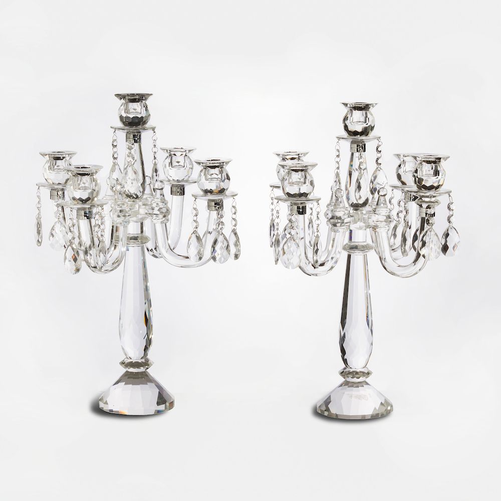 Appraisal: Pair of Shannon Cut Glass Five Light Candelabra Etched mark