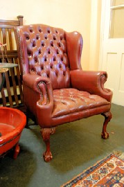 Appraisal: RED LEATHER BUTTON BACK WING BACK ARM CHAIR